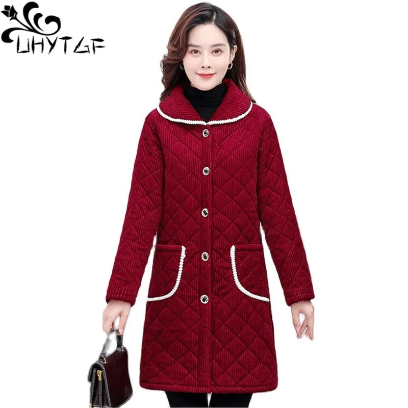 

UHYTGF Quality Corduroy Winter Cotton Jacket Women Fleece Thick Casual Warm Coat Mid-Length Large Size Overcoat Parka Women 1665