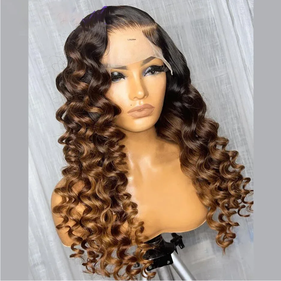 

Soft Long Ombre Brown 26Inch Kinky Curly Lace Front Wig For Women With Baby Hair Synthetic Preplucked Glueless Daily