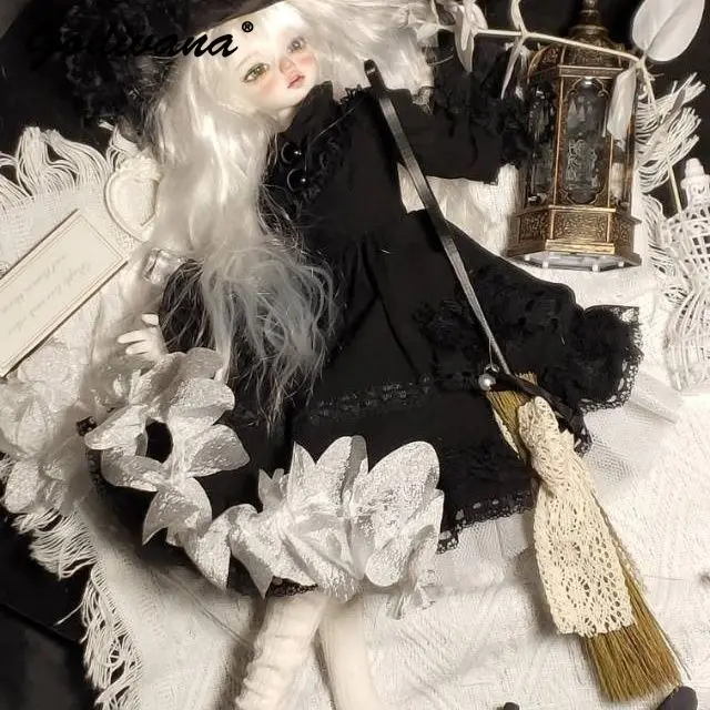 1/3 1/4 1/6 BJD Doll Clothes High End Gothic Flare Sleeve Lolita Black Dress with Lace Bonnet Vintage Dark Style Doll Outfit