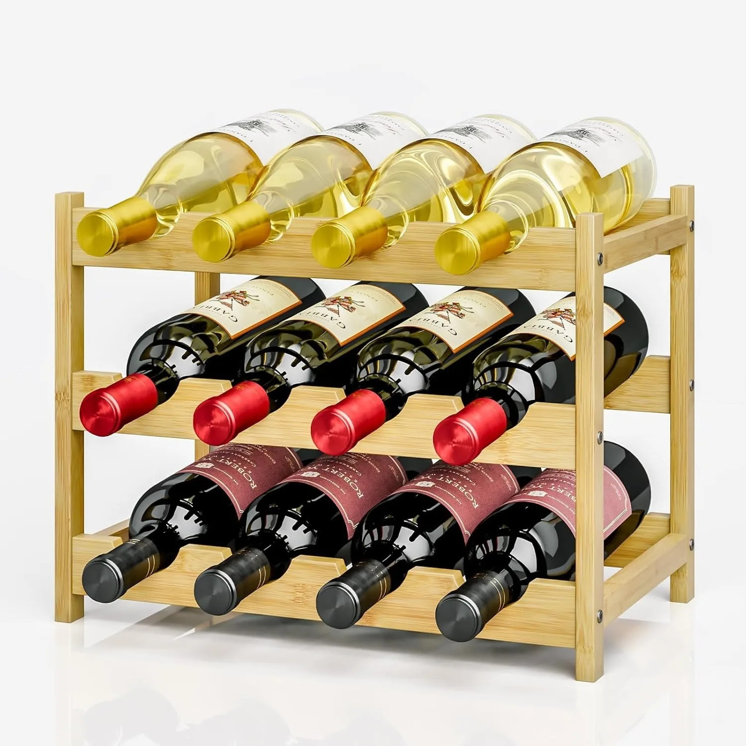 Bamboo Wine Rack, 12 Bottles Wine Holder Storage Shelf, 3-tire Small Freestanding Bottle Wine Rack for Countertop, Kitchen, Bar