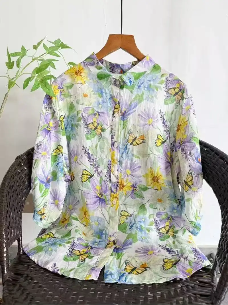 

Женская блузка из 100% рами, оригинальный дизайн, винтажный синий принт с бабочками, рубашка с коротким рукавом, топ для женщин