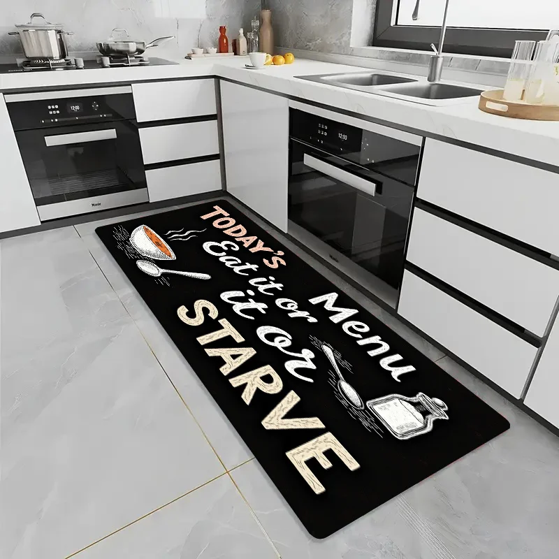 Black Chalkboard Kitchen Menu Bowl Spoon Jar Sketch Runner Rug, non-slip carpet, funny cooking mat for kitchen aisle entryway