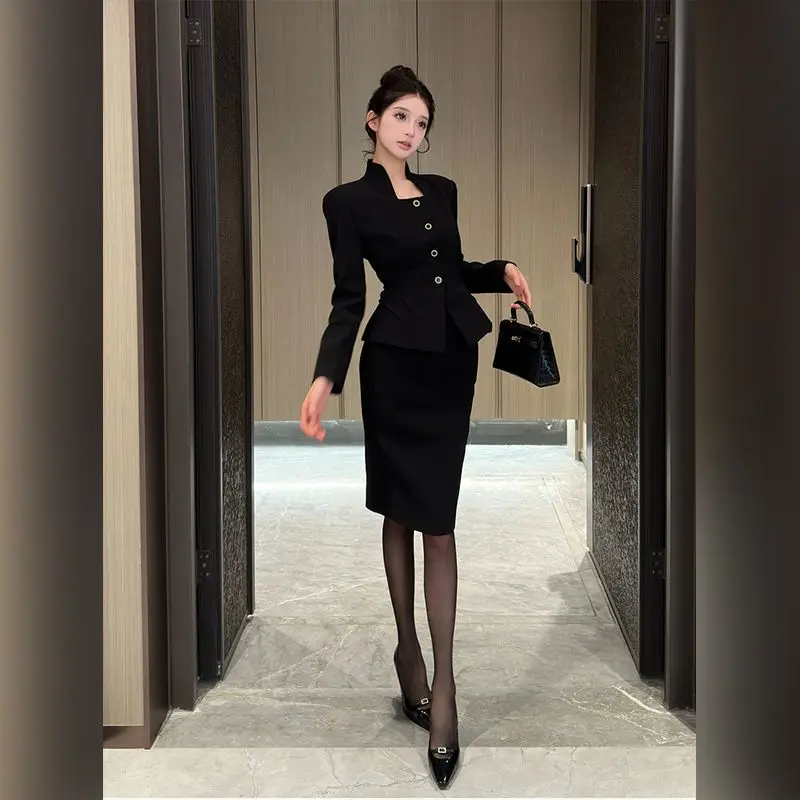 Women's Vintage Small Fragrant Fur Collar Suit Jacket Half Skirt Set Black Hepburn Style Feather    Two-piece 