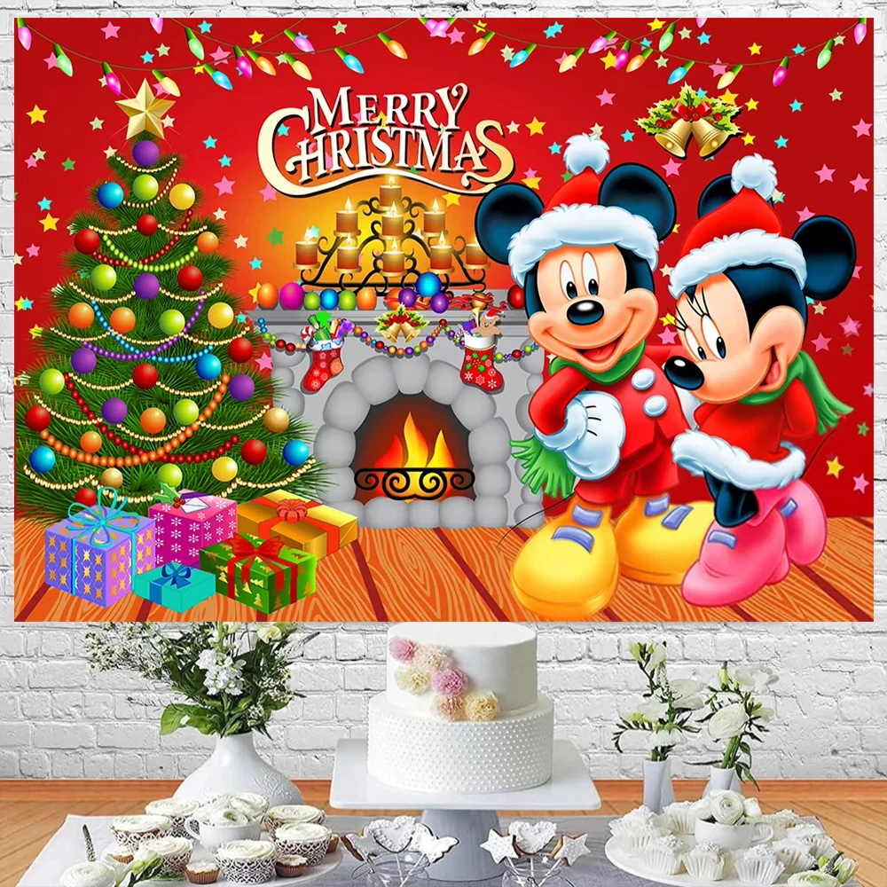 Merry Christmas Happy Year Mickey Minnie Theme Boy and Girl Birthday Ice Castle Photography Backdrop Baby Shower Banner Props