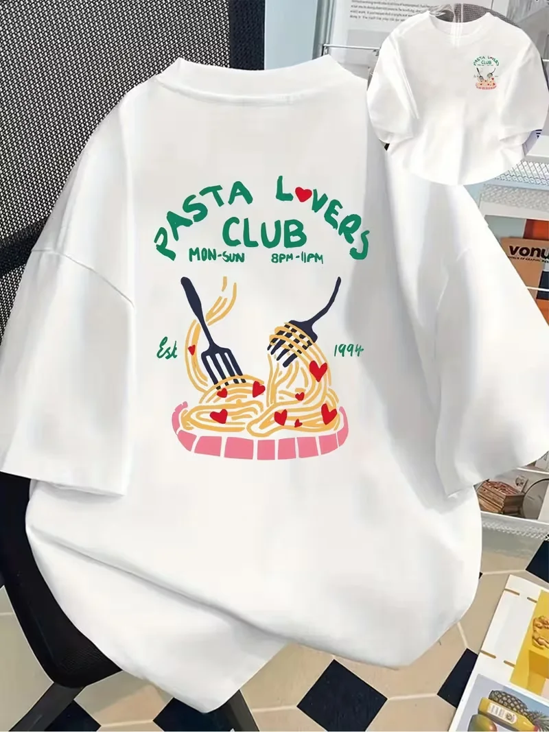Pasta Lover Graphic T-Shirt Funny Spaghetti & Italian Food Design Tops for Italian Trip, Casual Short Sleeve Round Neck Summer