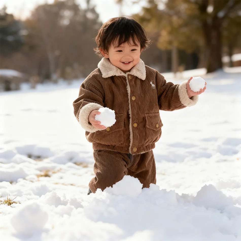 

Вельветовая куртка для малышей с вышивкой оленя, зимнее пальто с отложным воротником на фланелевой подкладке, теплая верхняя одежда с хлопковой подкладкой для ребенка