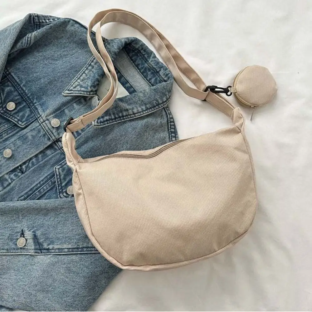 

Korean Style Lightweight Shoulder Bag Large Capacity Solid Color Canvas Bag with Coin Purse Cream Color Messenger Bag