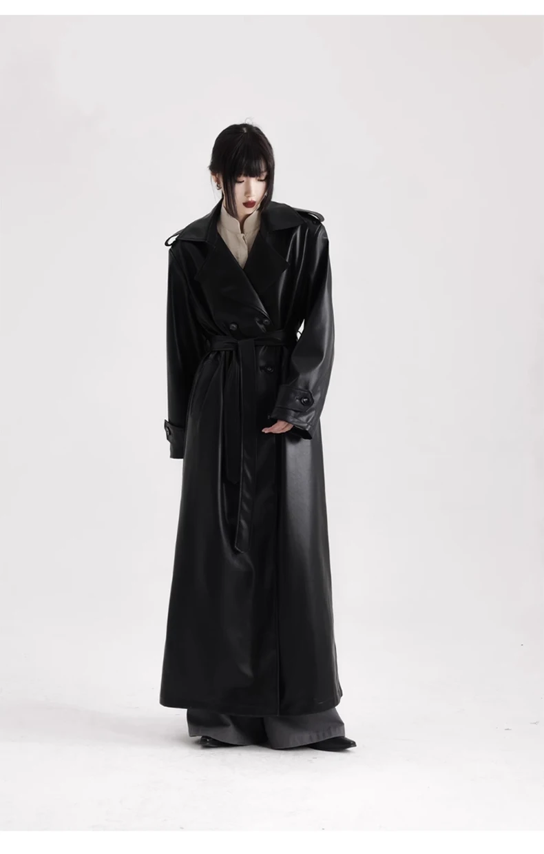 Lautaro Spring Autumn Extra Long Black Soft Pu Leather Trench Coat for Women Double Breasted Loose Casual Korean Fashion 2024