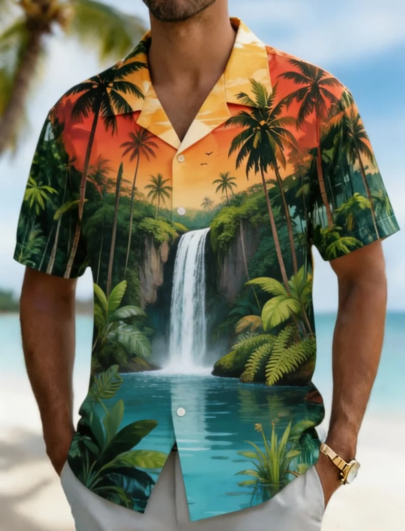Men's Bay Palm Tree Dusk Print Shirt, Warm Resort Style for Summer Fashion, Daily Wear, Casual Outings & Streetwear