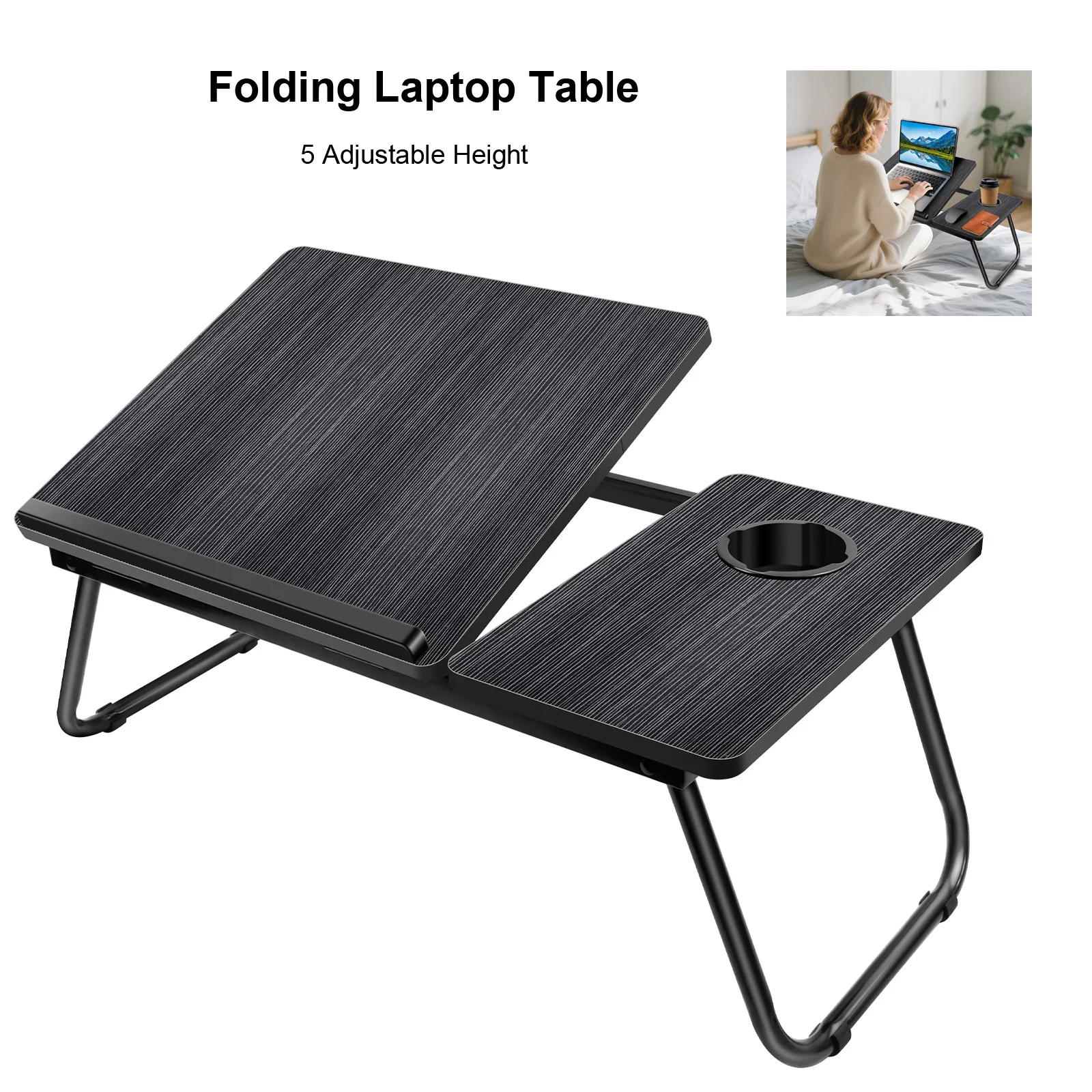 Table pliante pour ordinateur portable, pour lit et canapé, table multifonctionnelle, réglage de la hauteur sur 5 niveaux + porte-gobelet
