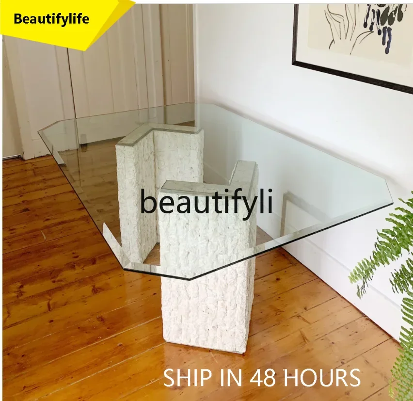 

smt1 Wabi Sansan natural travertine dining table designer creative art glass marble smashing negotiation table