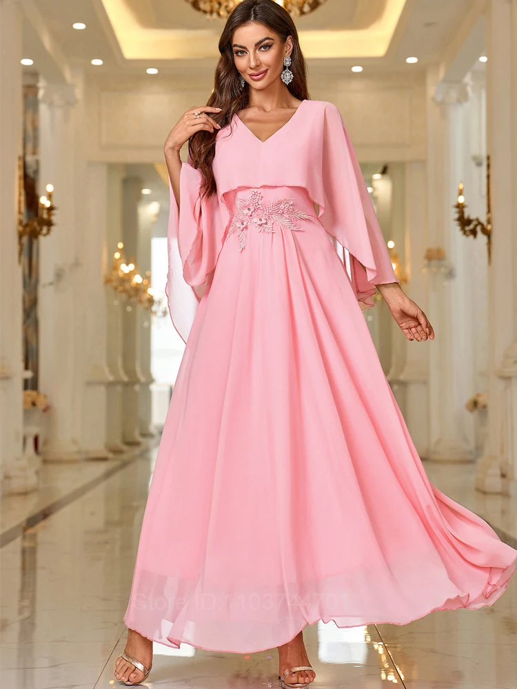 2024 New Pink Chiffon Boho Dress Spring Summer Long Sleeve Prom Evening Women Elegant Fashion Midi Dresses Vestidos De Fiesta