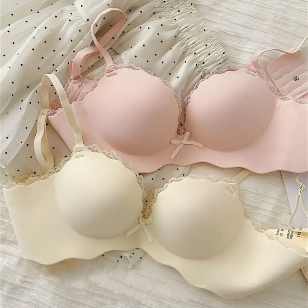 

Gathered Breasts Push Up Wireless Deep V Bra Anti-sagging Lingerie Lace Bowknot Bra Adjustable Shockproof Women Underwear Gift