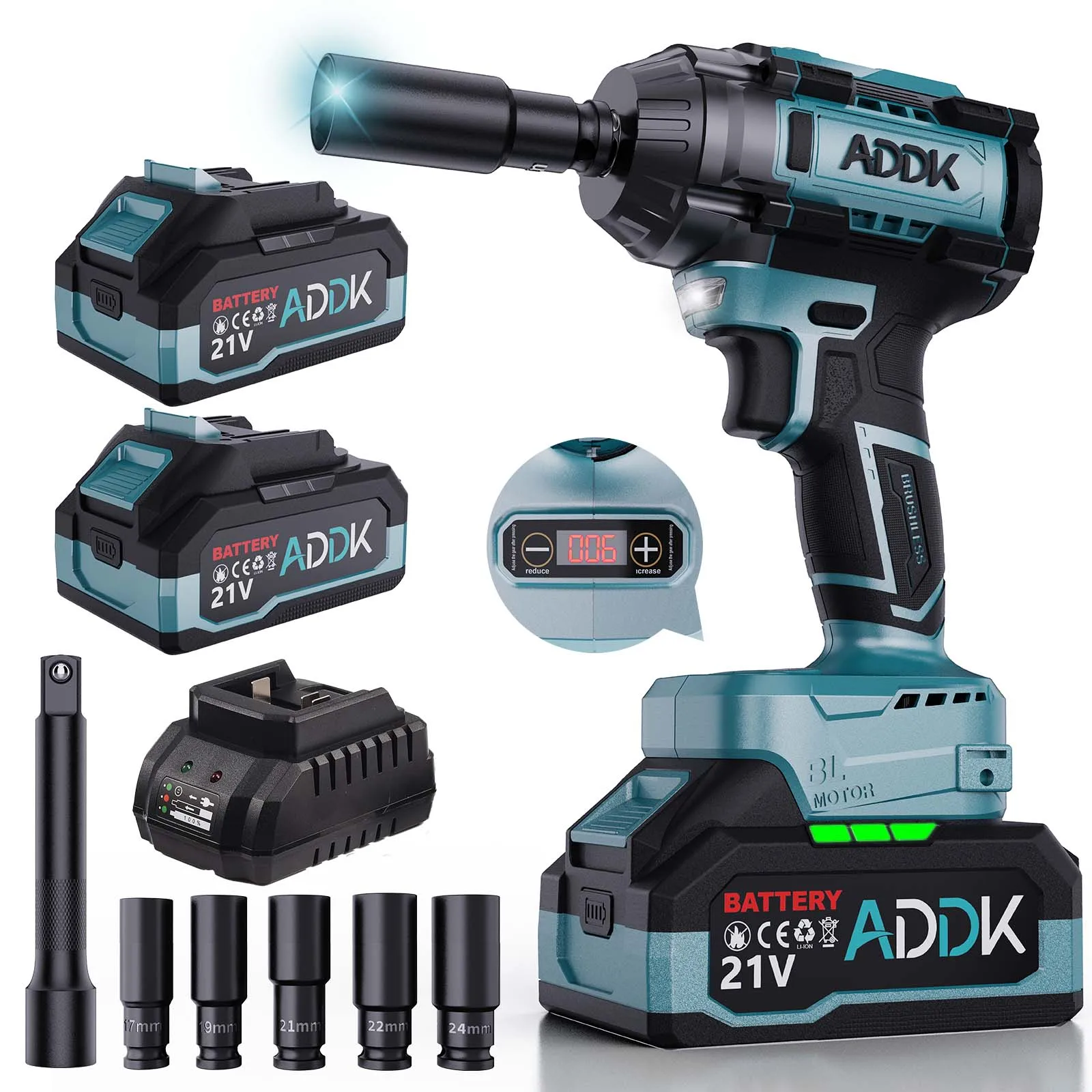 Battery Impact Wrench 21 V 2 x 4.0 Ah Batteries 1/2 Inch 1000 N.M Brushless Impact Wrench 6-Speed  for Truck Car Tyre Change