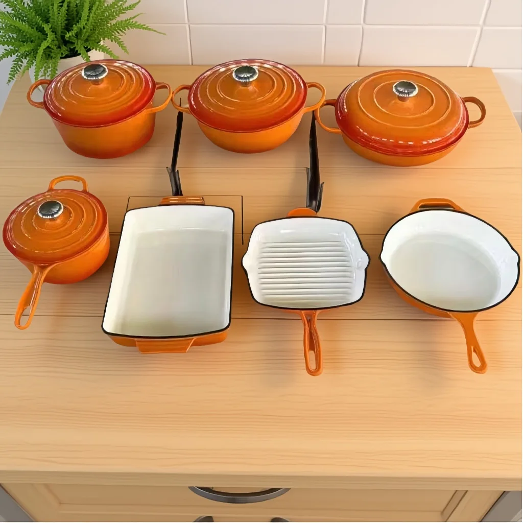 Custom 11pcs Hot Selling Cookware Set Kitchen Cast Iron Cooking Pots And Pans Dutch Oven Skillet Non-stick Frying Pan Stew Pot H