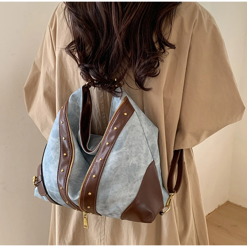 Vintage-Rucksack, Damen-Tragetasche, Retro-Spleiß-Hobo-Umhängetasche, lässige Alltags-Einkaufstasche mit Nieten-Dekor – Detail 15