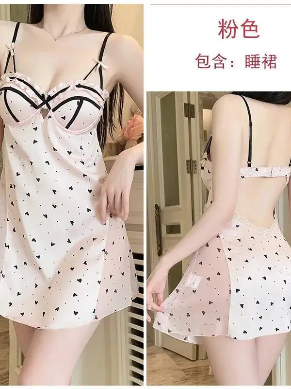 Sweet Lace Print Sheer Backless Heart Printed Dress Strap Deep V Gathered Chest Pad Nightdress Women's Homewear Dress Charm BP6Z