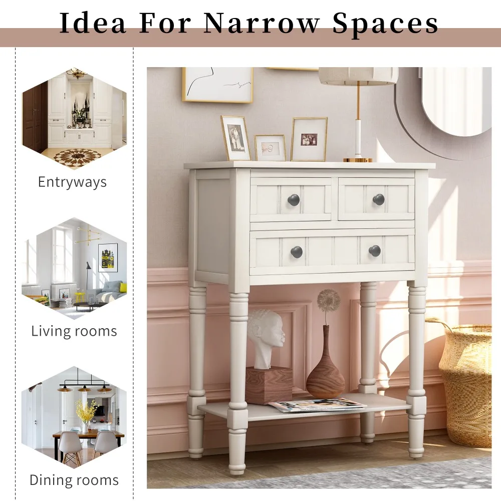 

Slim Sofa Table with Three Storage Drawers and Bottom Shelf (Ivory White), Console Tables