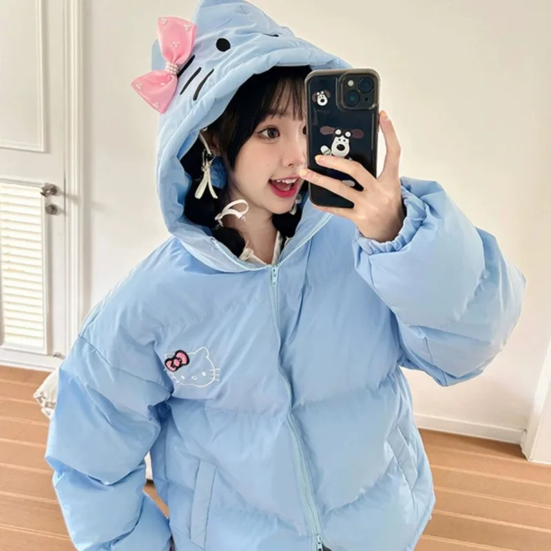 Miniso Plus Size Hellokitty Y2k Cotton Coats Girls Kitty Ear Decor Kawaii Zipper Jacket Cute Cartoon Warm Hooded Coats For Women