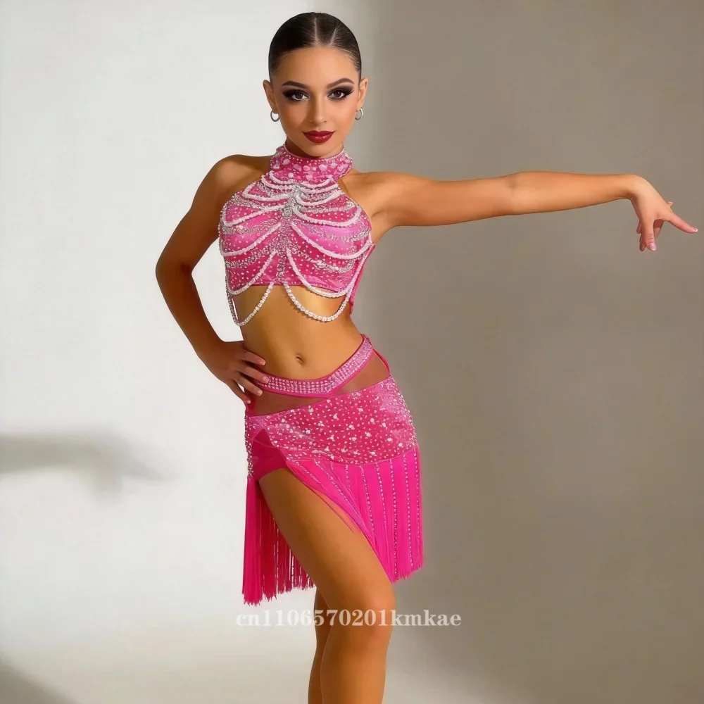 New Latin Dance Professional Competition Women's High-end Customized Pearl Gold Tassel ChaCha Samba Performance Rhinestone Dress