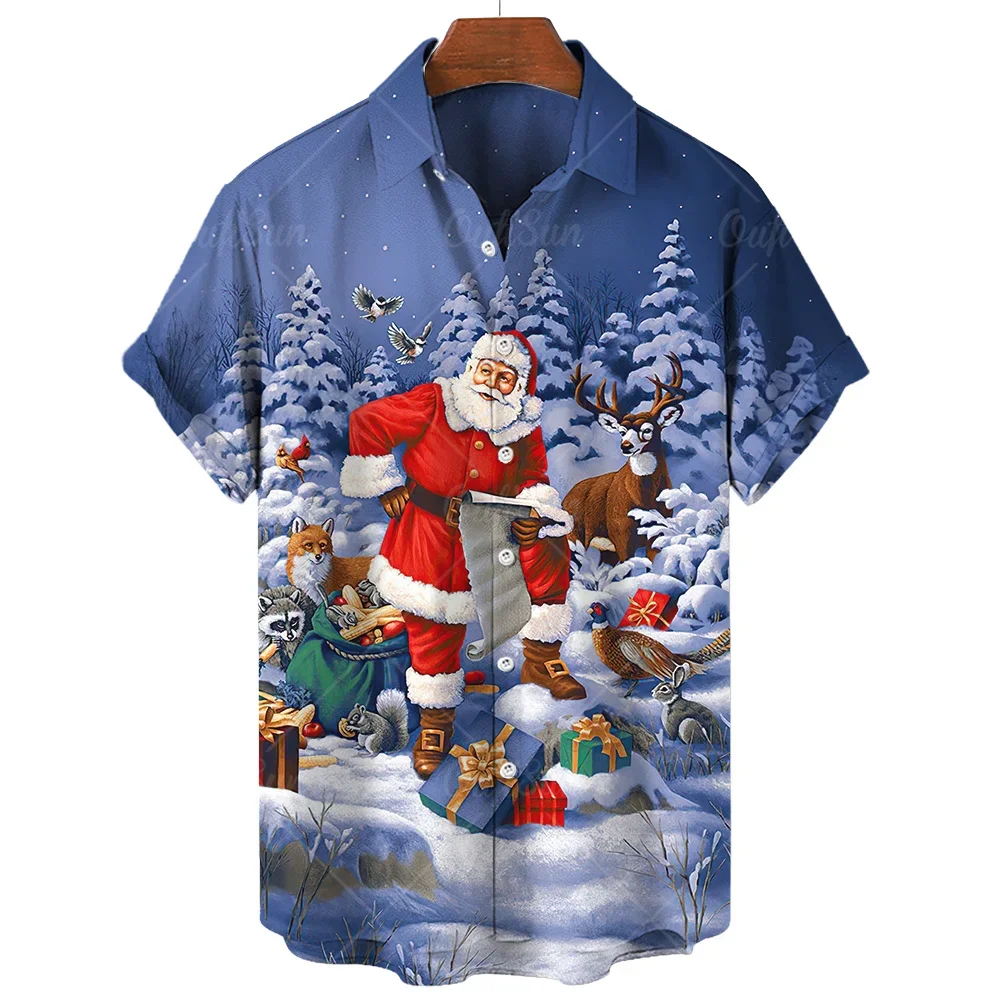 

2024 New Year Christmas Pattern Popular Hawaiian Men'S Shirt Short Sleeved Summer Element 3d Printed Fashion Casual Loose Tops