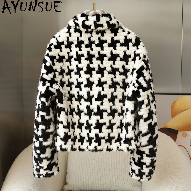 AYUNSUE 2025 가을 겨울 천연 밍크 모피 자켓 여성 인쇄 진짜 모피 자켓 여성 의류 고품질 Шуба Женская