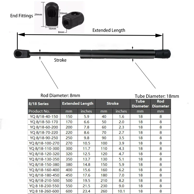 1PC 300N/67.5LB 8X18 Rear Tailgate Hatch Support Struts with Nylon Ball Socket Lift Supports Trunk Gas Shock Spring Replacement