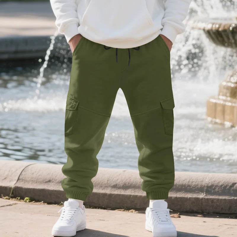

Cross-border European autumn and winter fleece men's casual trousers, drawstring loose multi-pocket legging cargo 0pants