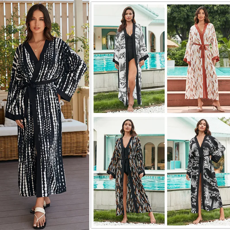 المرأة بوهو التعادل صبغ مطبوعة كيمونو سترة ، مضيئة كم فستان الشاطئ ، بيكيني Cover ، فضفاضة ملابس السباحة ارتداء ، Cover