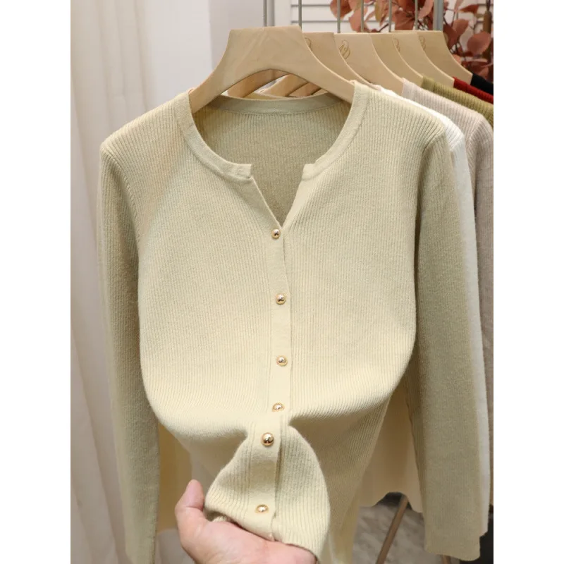 

Knitted Long Sleeved Cardigan Sweater Jacket Women's V-neck Solid Color Women's Temperament Knitted Sweater Top