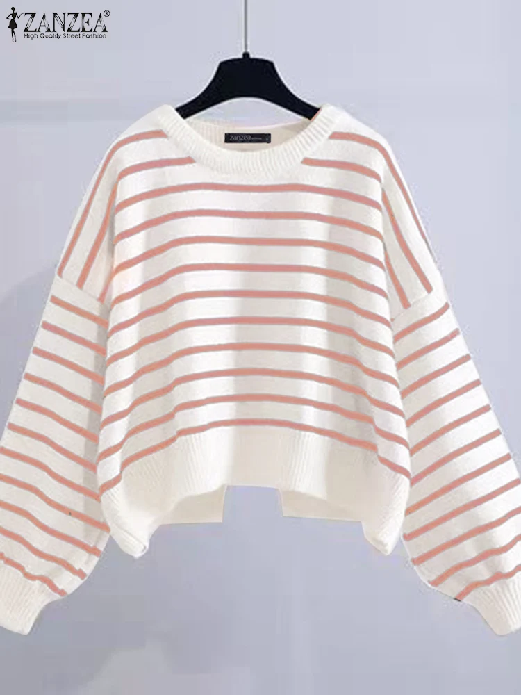 

ZANZEA Autumn Fashion Knit DSweatshirts Women Loose Round Neck Pullover Korean Casual Stripes Blouse rop Shoulder Sleeve Tunic