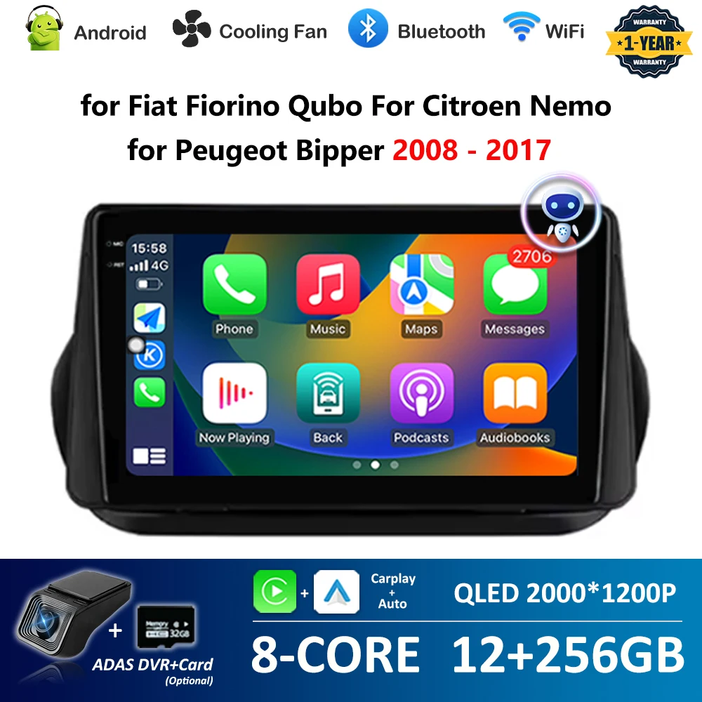 for Fiat Fiorino Qubo for Citroen Nemo for Peugeot Bipper 2008 - 2017 Car Radio Multimedia Player Android OS BT 4G Carplay GPS