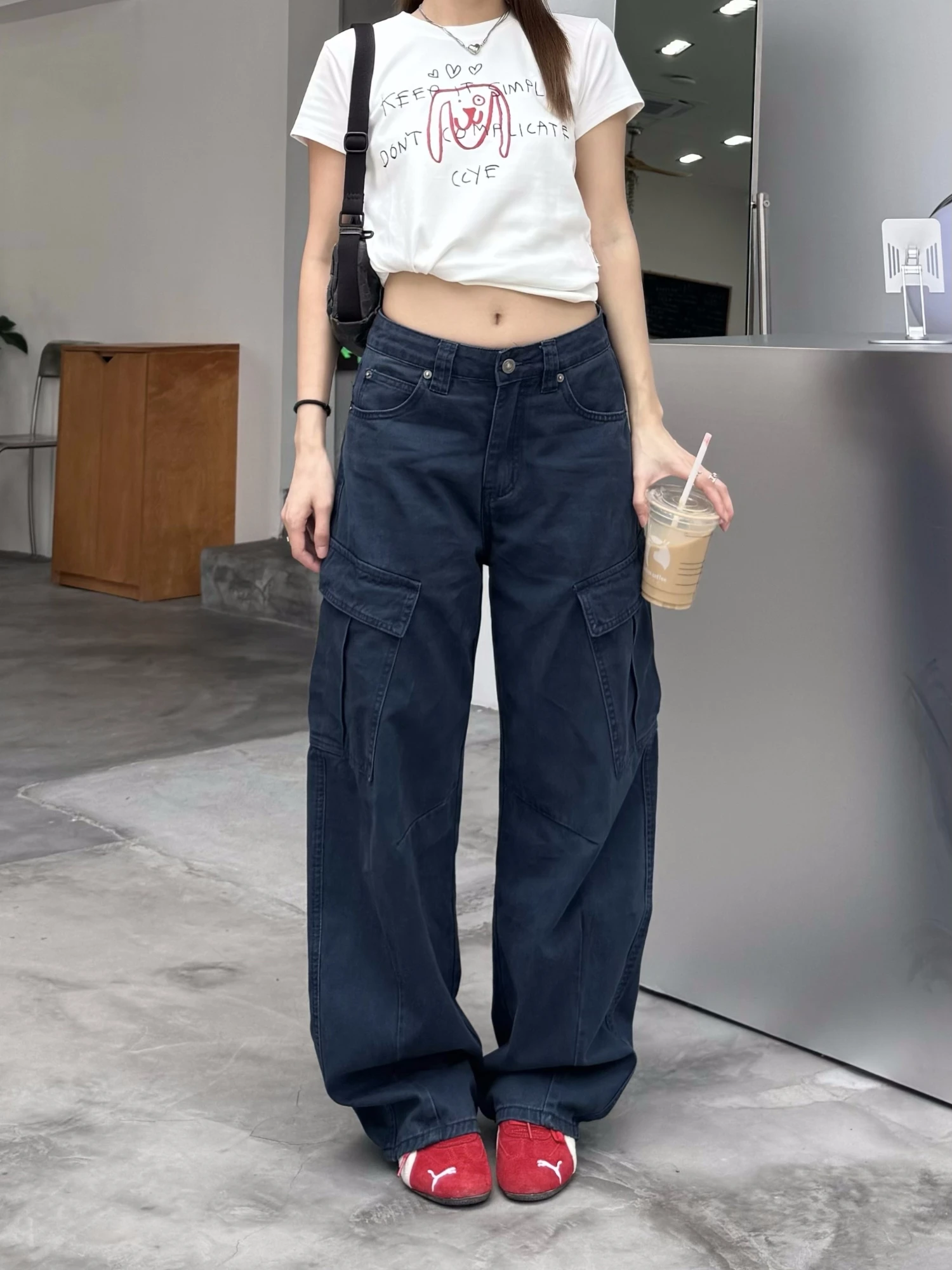 

Американские винтажные свободные брюки-карго в стиле рабочей одежды, женские широкие повседневные джинсы из смесового хлопка в стиле High Street