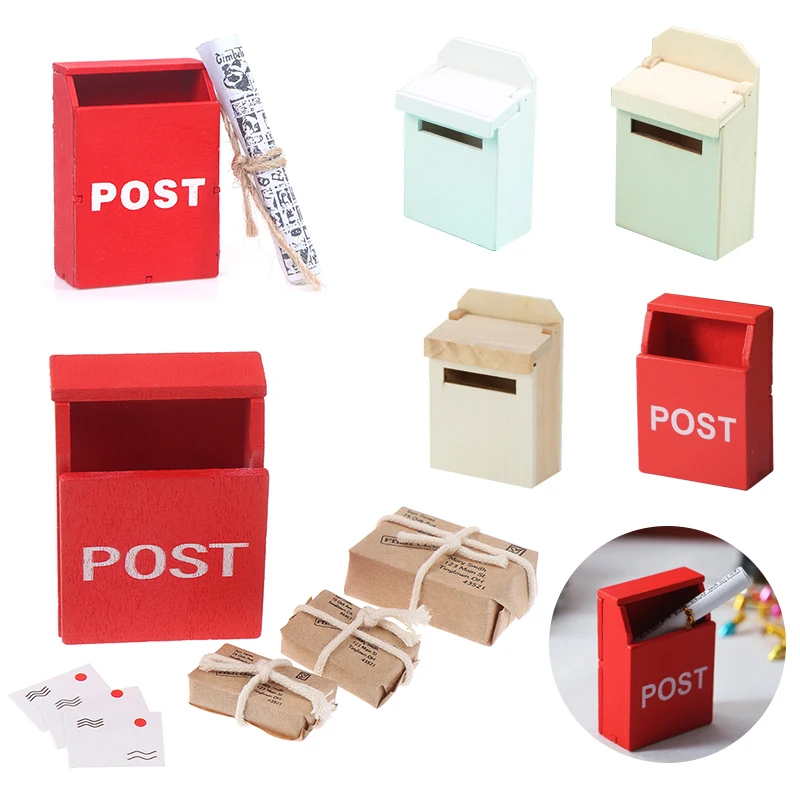 1Set 1:12 Dollhouse Miniature Letter Box Red Mailbox With Mail Sack Postcard Fairy Garden Door Furniture House Decor Toy