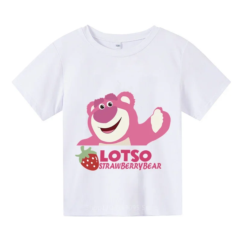 

Stylish Strawberry Bear Cartoon T-shirt for Summer Boys Girls, Casual Cotton Short Sleeve Shirts for Outdoor Kids' Fashion