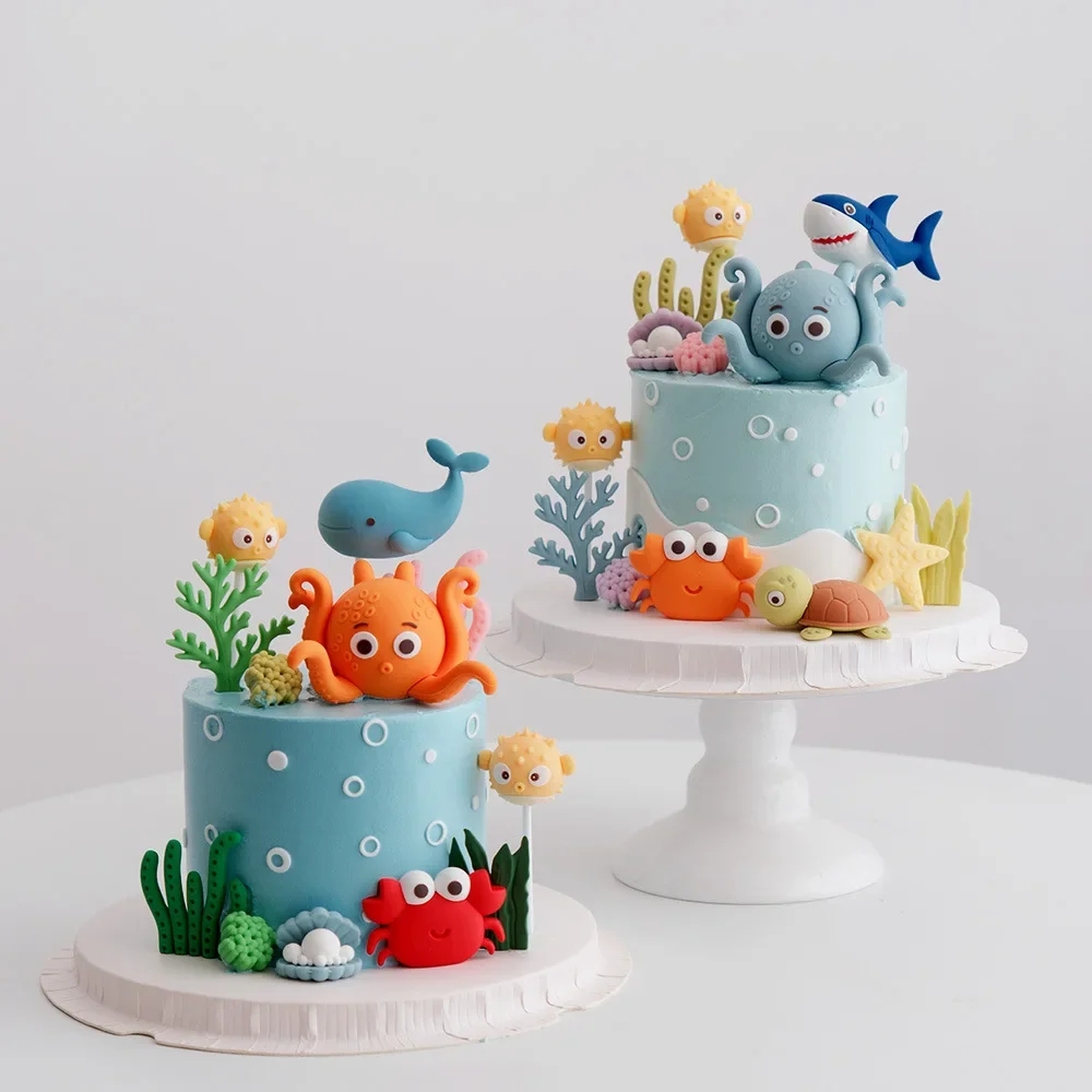 Under The Sea Kuchen-Topper-Set, orangefarbener Oktopus, Delfin, Krabbe, Agouti für Jungen und Mädchen, Geburtstag, Babyparty, Marine-Thema, Party-Dekoration