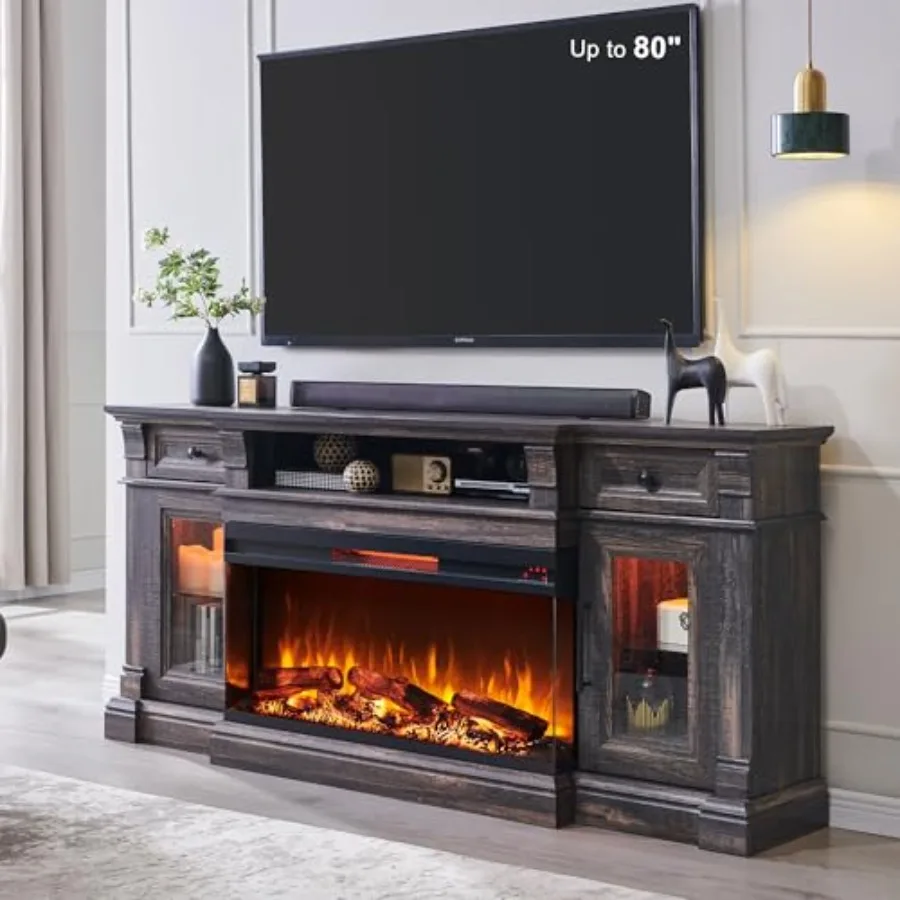 

3-Sided Glass Fireplace TV Stand for TVs up to 80'' with Storage Drawers Glass Door Cabinet and LED Lights Designed for Living