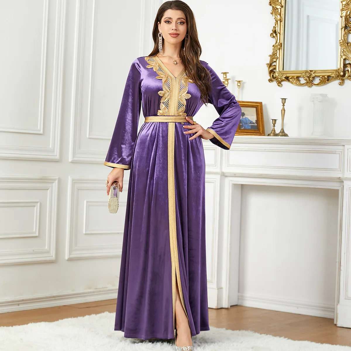 Fashion Autumn Winter Muslim Dress Arabian Bright Velvet Robe Saudi Dubai Abayas Evening Dress for Women Temperament Party Dress