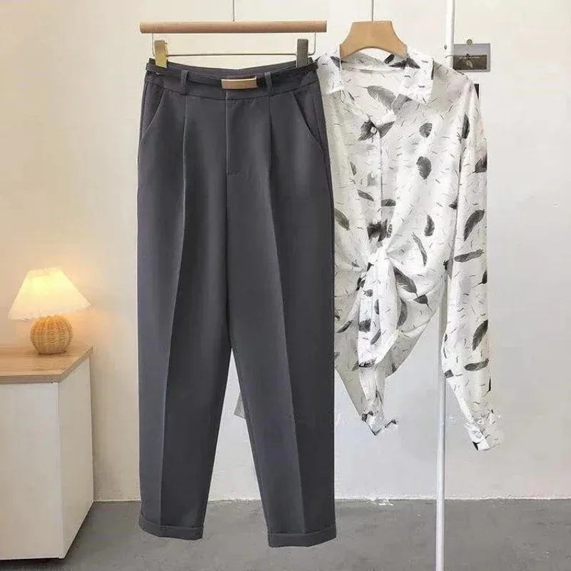 وشاحات بنطال مستقيم نحيف أنيق للأعمال Mujer حزام ريترو على الطراز الكوري سروال كاجوال صيفي أنيق