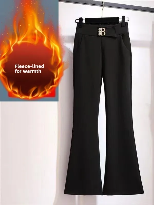 

Slim Fit Bell Bottom Pants for Women High Waist Polyester Fiber Winter Warm Casual High Quality Korean Style Long Trousers