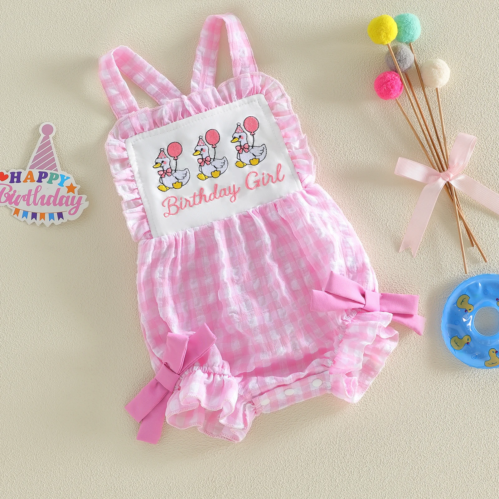 First Birthday Outfit Girl Goose Embroidery Gingham Ruffle Romper Bodysuit Sleeveless Baby girl 1st Cake Smash Clothes