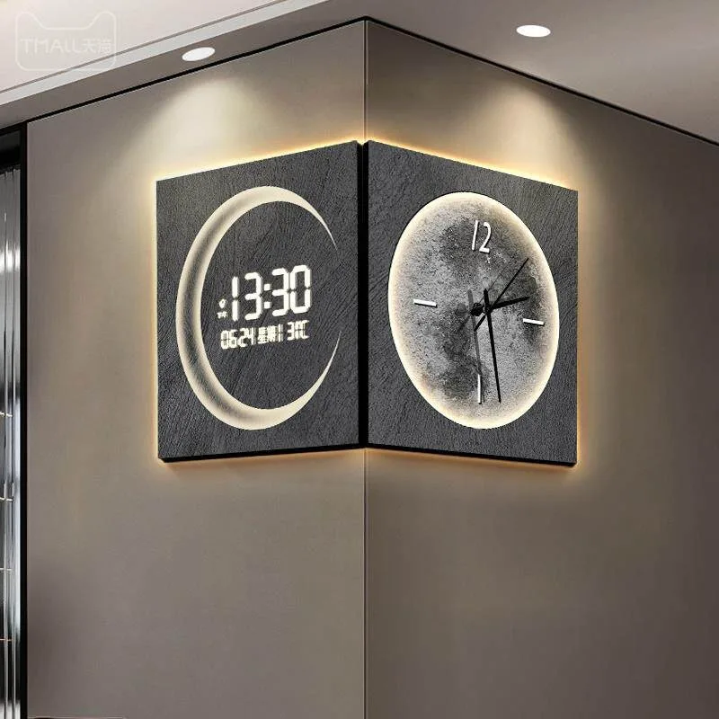 Double-sided corner clock creative wall lamp living room perpetual calendar advanced digital display corner wall
