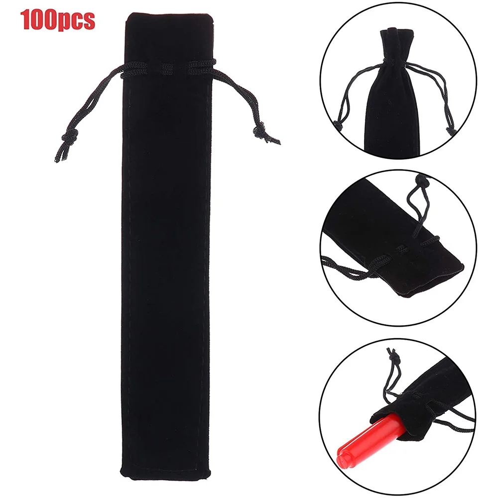 100Pcs Velvet Pen Pouch Black Drawstring Bag Single Pen Holder Packaging Sleeve for School Office Business Gift