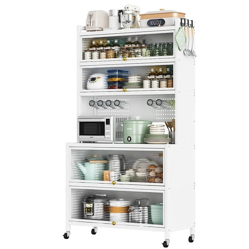 Edge storage cabinets, lockers with doors, microwave ovens, pots, floor-to-ceiling cupboards, shelves, cabinets, kitchen storage