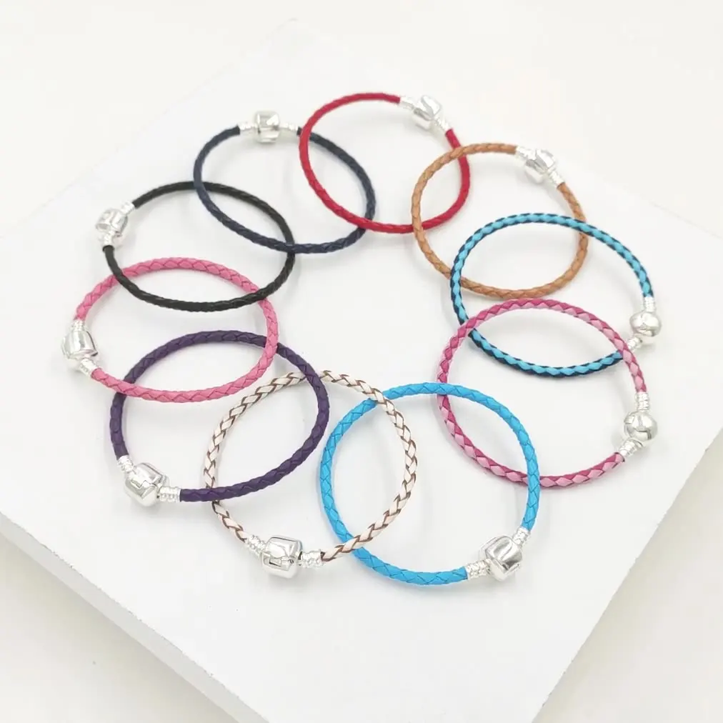 

S925 Silver plated Single loop leather rope bracelet for women Charm Beads Bracelet Necklace DIY Jewelry Accessorie