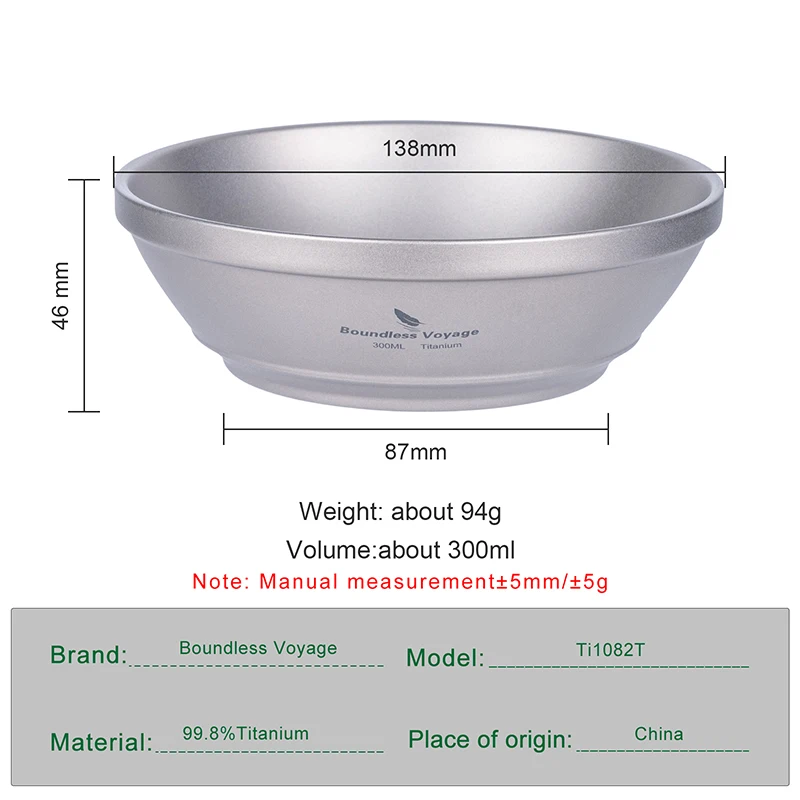 Boundless Voyage Titanium Double-Wall Bowl 300ml Camping Hiking Ultralight Bowls Portable Outdoor Tableware Ti1082T