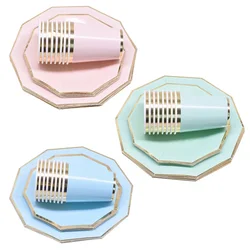 24pcs/set Green Pink Blue Paper Plates Cups Disposable Tableware Set for Wedding Birthday Party Baby Shower Supplies Gold Decor