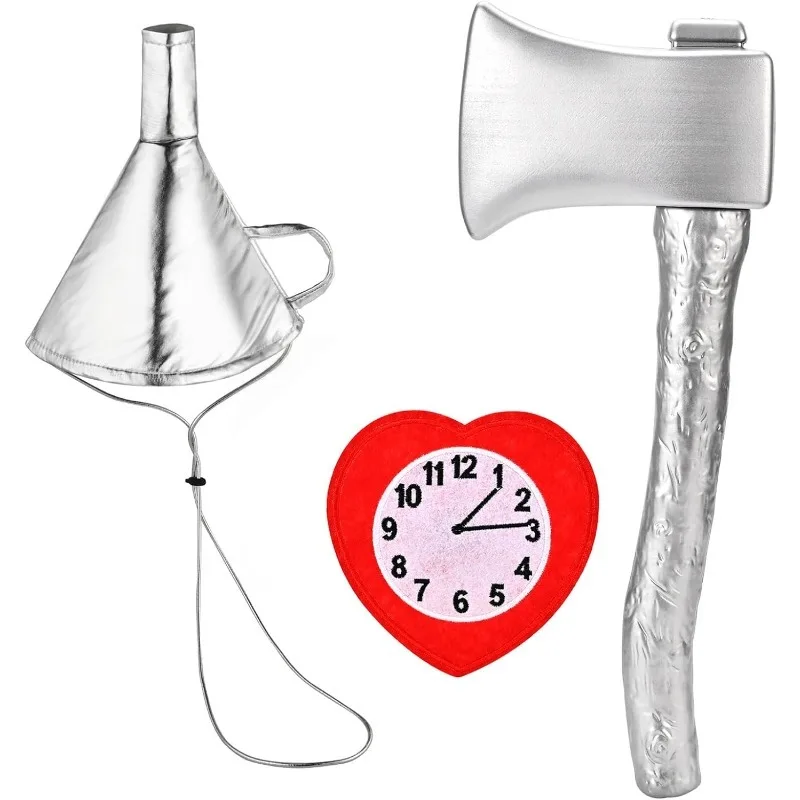 3PCS Tin Costume Accessories for Man Silver Axe Funnel Hat with Heart Clock Brooch Halloween Tin Costume Accessories