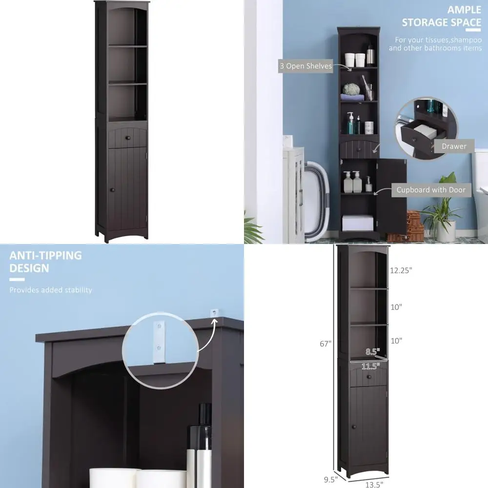 

автономный высокий шкаф для хранения вещей в ванной комнате с 3-уровневыми полками и ящиком коричневого цвета