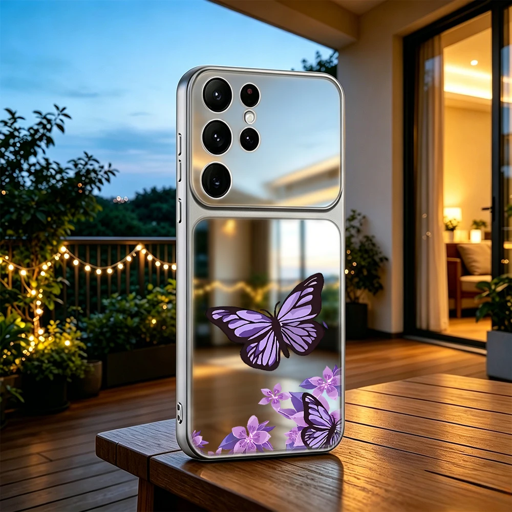 Luxury Makeup Mirror Phone Case For Samsung Galaxy S21 S22 S23 S24 FE S25 S26 Ultra 4G 5G Plus + Soft Cover Purple Butterfly